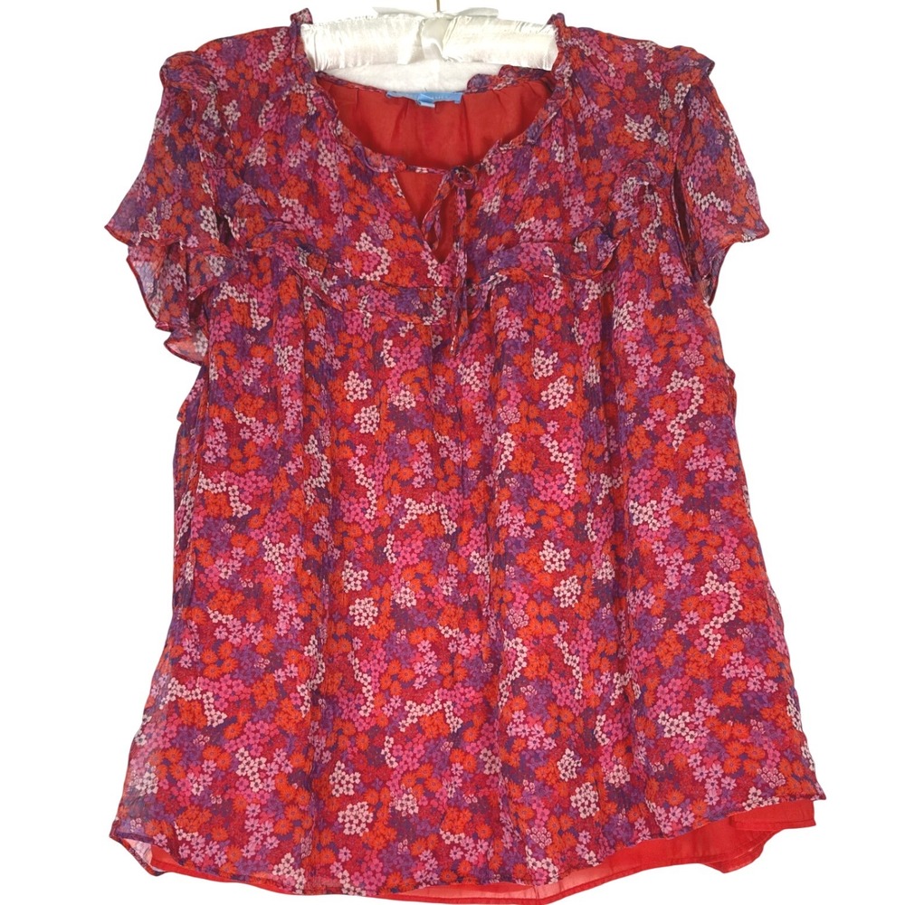 Draper James‎ Top XXL Pink Red Floral Ruffle Blouse Flutter Sleeve Cottagecore